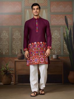Odette - Wine Cotton Blend Embroidered Stitched Maroon Kurta