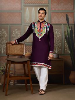Odette - Purple Silk Blend Embroidered Stitched Men Kurta