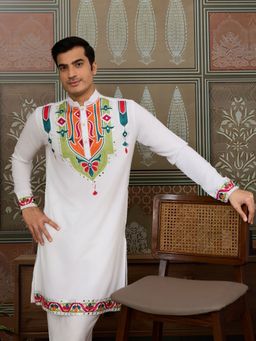 Odette - White Silk Blend Embroidered Stitched Men Kurta
