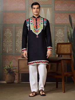 Odette - Black Silk Blend Embroidered Stitched Men Kurta