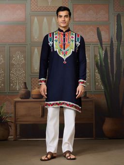 Odette - Navy Blue Silk Blend Embroidered Stitched Men Kurta