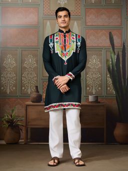 Odette - Silk Blend Embroidered Stitched Green Men Kurta