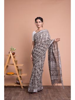 KISHORI - Women Dabu Floral Print Cotton Linen Saree with Unstitched Blouse - Brown
