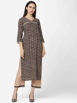 Shaily - Brown & Beige Cotton Ethnic Motif Printed Kurta with Pants for Women (Set of 2)