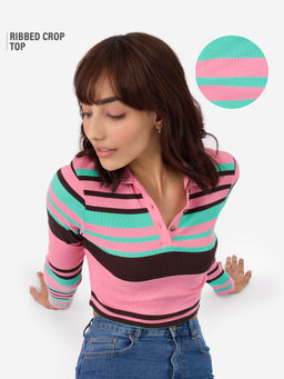 The Souled Store - Carnation Rib-Knit Polo Women Cropped Polos