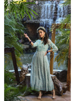 Juniper - Blue Floral Printed Georgette Maxi Dress with Beads Kantha Work & Sequins At Neckline