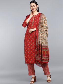 Vaamsi - Cotton Printed Kurta Pant Dupatta Red (VKSKD1027 ) (Set of 3)