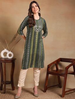 Vaamsi - Women Green Viscose Rayon Ethnic Motifs Printed Straight Kurta