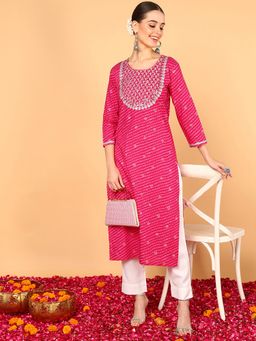 Vaamsi - Women Pink Cotton Leheriya Printed Straight Kurta