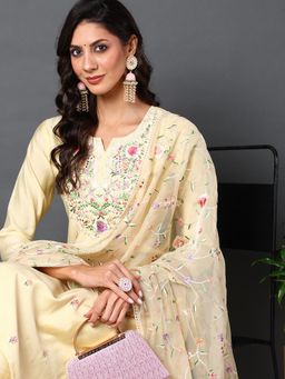 Vaamsi - Women Yellow Silk Blend Embroidered Kurta Trousers with Dupatta (Set of 3)