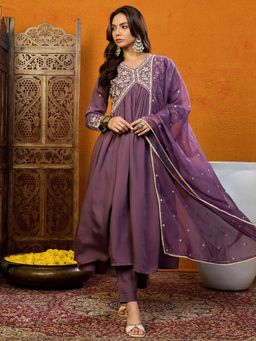 Vaamsi - Women Purple Silk Blend Embroidered Kurta Trousers with Dupatta (Set of 3)