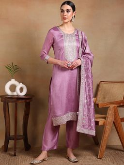 Vaamsi - Women Lavender Silk Blend Embroidered Straight Kurta Trousers with Dupatta (Set of 3)