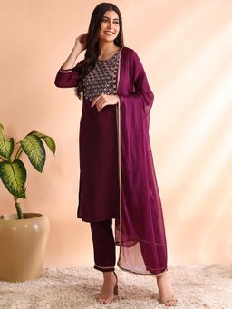 Vaamsi - Women Purple Silk Blend Embroidered Straight Kurta Trouser with Dupatta (Set of 3)