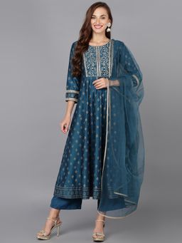 Vaamsi - Women Blue Silk Blend Embroidered Anarkali Kurta Trouser with Dupatta (Set of 3)
