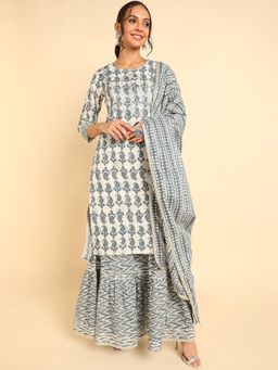 Vaamsi - Women Off-White Pure Cotton Printed Straight Kurta Sharara with Dupatta (Set of 3)