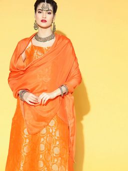 Vaamsi - Women Orange Floral Woven Design Pure Cotton Kurta with Trouser Dupatta (Set of 3)