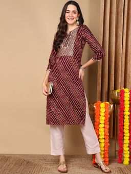 Vaamsi - Women Burgundy Viscose Rayon Leheriya Printed Straight Kurta