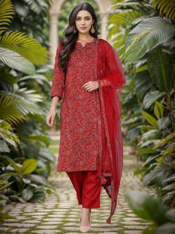 Vaamsi - Women Cotton Blend Floral Kurta Trousers with Dupatta (Set of 3)