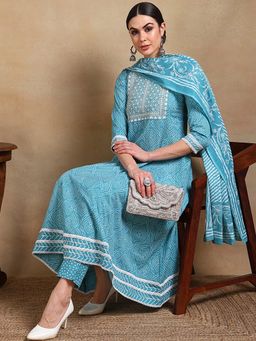 Vaamsi - Women Blue Cotton Blend Embroidered Printed Kurta Trouser with Dupatta (Set of 3)