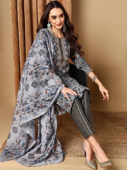 Vaamsi - Women Grey Cotton Ethnic Printed Kurta Trouser with Dupatta (Set of 3)
