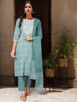 Vaamsi - Women Green Cotton Printed Kurta Trouser with Dupatta (Set of 3)