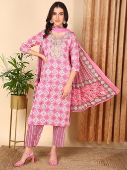 Vaamsi - Women Pink Cotton Printed Yoke Design Kurta Trouser with Dupatta (Set of 3)
