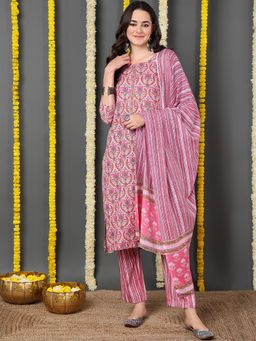 Vaamsi - Women Cotton Blend Pink Printed Straight Kurta and Pant with Dupatta (Set of 3)