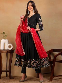 Vaamsi - Women Black Silk Blend Embroidered Flared Empire Kurta Pants with Dupatta (Set of 3)