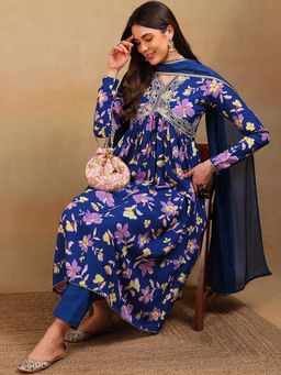 Vaamsi - Women Blue Poly Georgette Floral Printed Flared Kurta Pants with Dupatta (Set of 3)