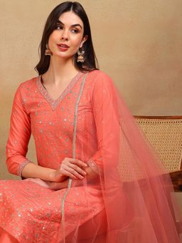 Vaamsi - Coral Silk Blend Embroidered Straight Regular Kurta Pants with Dupatta (Set of 3)