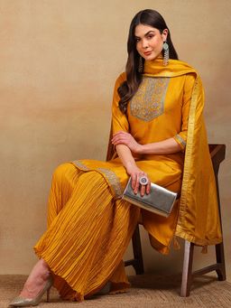 Vaamsi - Yellow Silk Blend Embroidered Straight Kurta Sharara with Dupatta (Set of 3)