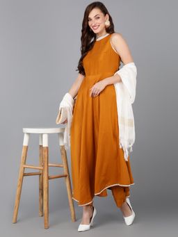 Vaamsi - Women Mustard Poly Silk Solid Anarkali Kurta Pants with Dupatta (Set of 3)