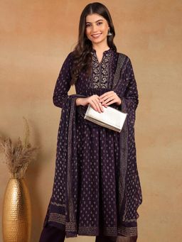 Vaamsi - Purple Silk Blend Embroidered Anarkali Kurta Pants with Dupatta (Set of 3)
