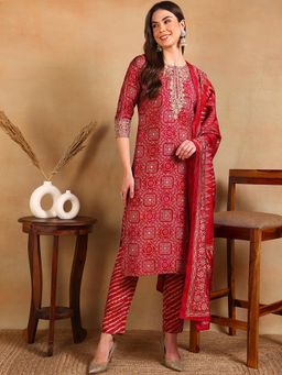 Vaamsi - Maroon Silk Blend Ethnic Motifs Printed Straight Kurta Pants with Dupatta (Set of 3)
