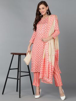 Vaamsi - Women Pink Pure Cotton Abstract Printed Straight Kurta Pants with Dupatta (Set of 3)