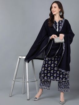 Vaamsi - Navy Blue Pure Cotton Floral Printed Straight Kurta Palazzo with Dupatta (Set of 3)