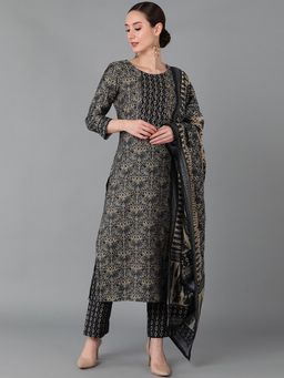 Vaamsi - Women Multi Silk Blend Kalamkari Printed Straight Kurta Pants with Dupatta (Set of 3)