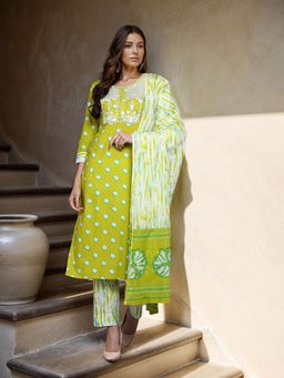 Vaamsi - Green Pure Cotton Bandhani Embroidered Straight Kurta Pants with Dupatta (Set of 3)