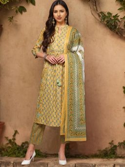 Vaamsi - Women Yellow Pure Cotton Floral Printed Anarkali Kurta Pants with Dupatta (Set of 3)