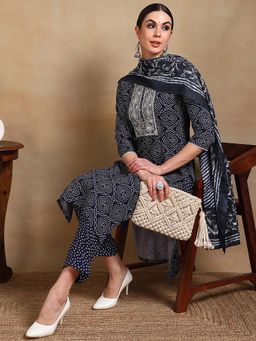 Vaamsi - Navy Blue Rayon Blend Bandhani Printed Straight Kurta Pants with Dupatta (Set of 3)