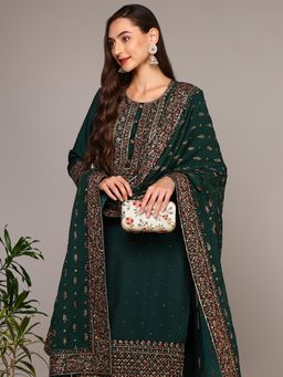 Vaamsi - Women Green Silk Blend Embellished Straight Kurta with Pant and Dupatta (Set of 3)