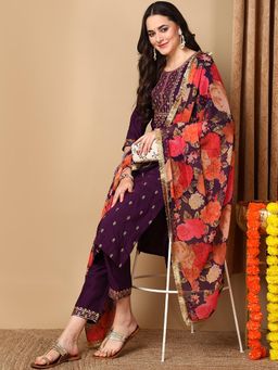Vaamsi - Women Purple Silk Blend Floral Straight Kurta with Pant and Dupatta (Set of 3)