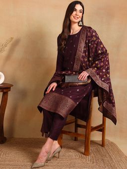 Vaamsi - Women Burgundy Chanderi Self Design Straight Kurta with Pant and Dupatta (Set of 3)