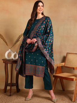 Vaamsi - Women Teal Poly Chanderi Self Design Straight Kurta with Pant and Dupatta (Set of 3)