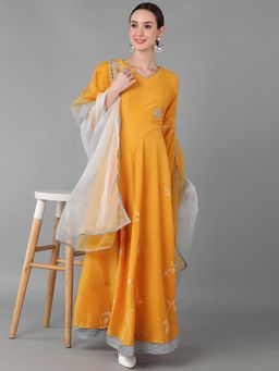 Vaamsi - Women Mustard Poly Chanderi Floral Empire Kurta