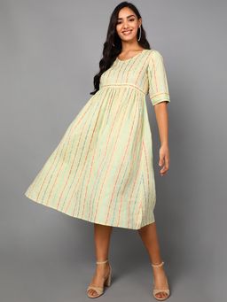 Vaamsi - Women Cream Cotton Stripes A-Line Dress