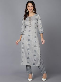 Vaamsi - Women Grey Cotton Blend Printed Straight Kurta and Pant (Set of 2)