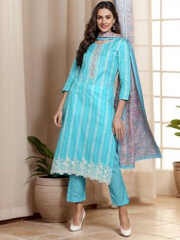 Vaamsi - Women Turquoise Rayon Abstract Straight Kurta with Pant and Dupatta (Set of 3)