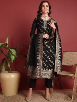 Vaamsi - Women Black Silk Blend Woven Design Straight Kurta Pant With Dupatta (Set of 3)