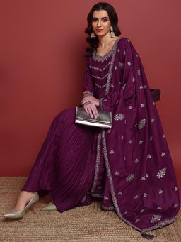 Vaamsi - Women Purple Silk Blend Embroidered Anarkali Kurta Pant With Dupatta (Set of 3)